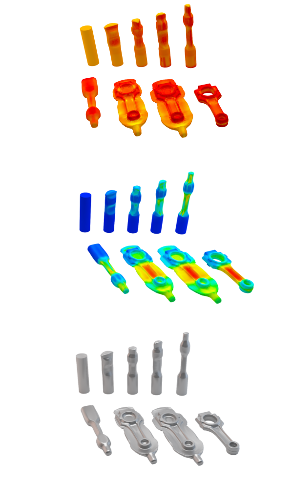 Forming simulation on piston rod, from billet to finished product